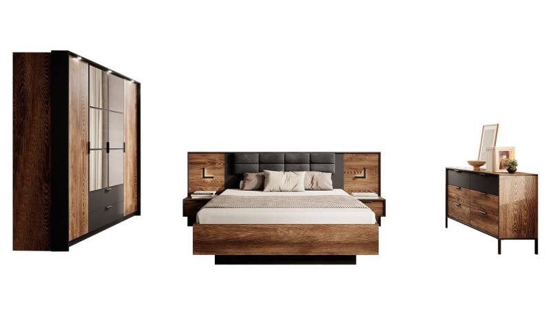 MIRJAN24 Schlafzimmer-Set Milton I, (5er-Set, Kommode, 2x Nachttisch, Kleiderschrank, Bett), Metallgriffe in der Farbe Schwarz von MIRJAN24