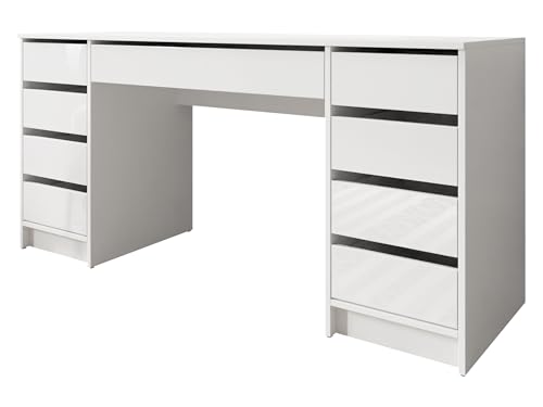 Mirjan24 Schreibtisch Ada Bis, 9 Schubladen Schülerschreibtisch Computertisch B:H:T 154x76x55cm, Kinderschreibtisch Arbeitstisch PC-Tisch Jugendzimmer Kinderzimmer (Weiß/Weiß Hochglanz) von Mirjan24