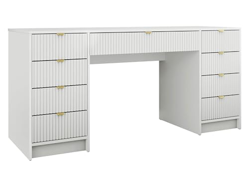 Mirjan24 Schreibtisch Tireno Bis, 9 Schubladen geriffelte Fronten Schülerschreibtisch Computertisch Kinderschreibtisch Arbeitstisch PC-Tisch Jugendzimmer Kinderzimmer (Weiß Velvet) von Mirjan24