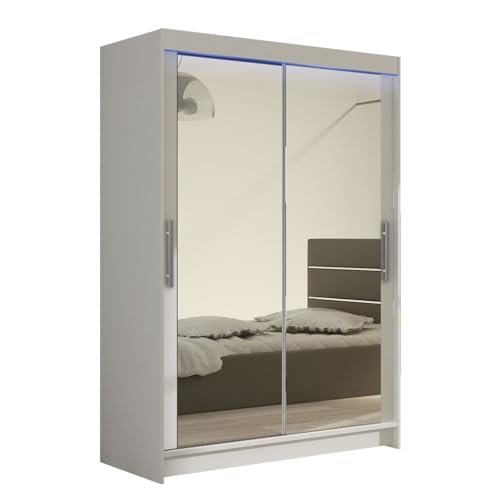 Mirjan24 Schwebetürenschrank Kleiderschrank Miami VII mit Spiegel, Modernes Schiebetürenschrank, Schlafzimmerschrank, Garderobe, Schlafzimmer (Weiß, mit RGB LED Beleuchtung) von Mirjan24