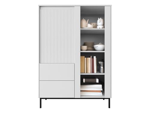 Mirjan24 Standvitrine Ozmi 2D2S, Vitrine mit 2 Türen und 2 Schubladen, innen 7 Fächer, Metallfüße, Push to Open, geriffelte Fronten, Vitrinenschrank für Wohnzimmer (Weiß) von Mirjan24