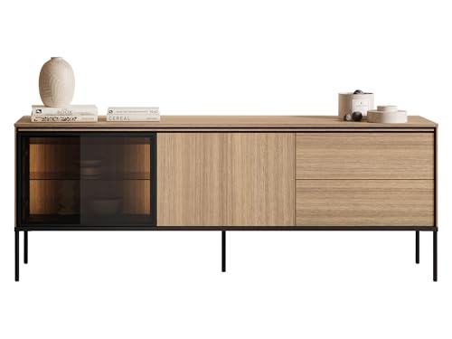 Mirjan24 TV Lowboard 1D1W2S 167 Visso VI-07 mit 2 Türen und 2 Schubladen, LED-Beleuchtung im Set, Push to Open, Metallfüße, Fernsehschrank, Fernsehtisch, TV Schrank (Eiche Linear) von Mirjan24