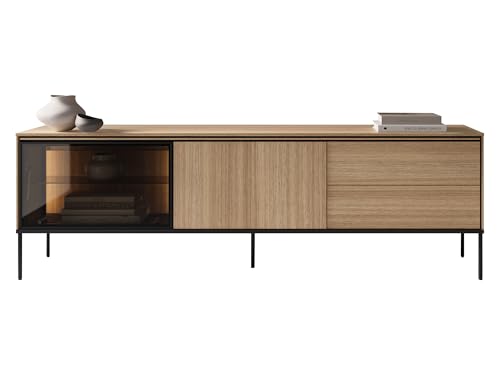 Mirjan24 TV Lowboard 1D1W2S 197 Visso VI-08 mit 2 Klappen/Türen und 2 Schubladen, LED-Beleuchtung im Set, Push to Open, Metallfüße, Fernsehschrank, Fernsehtisch, TV Schrank (Eiche Linear) von Mirjan24