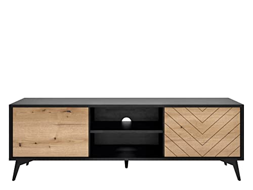 Mirjan24 TV Lowboard Dailan RTV154 mit Front gefräst, 2 Türen und Facher, Fernsehschrank, Fernsehtisch, Sideboard, TV Schrank (Schwarz/Eiche Evoke) von Mirjan24