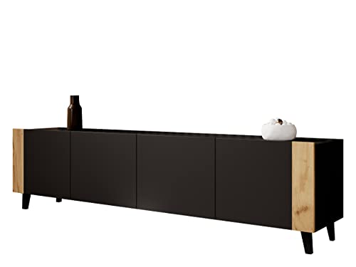 Mirjan24 TV Lowboard Fezerio, 8 Fächer und 4 Türen, Fernsehschrank mit gedämpftem Schließmechanismus, Fernsehtisch Unterschrank TV Schrank (Schwarz/Schwarz + Craft Eiche) von Mirjan24