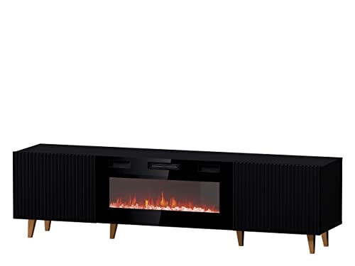 Mirjan24 TV Lowboard Fusbo 180 mit Elektrischem Kamin, Fernsehschrank, Fernsehtisch, Unterschrank, Realistische LED-Flamme, Kristallherd, Board, Schrank, TV-Bank (Schwarz) von Mirjan24