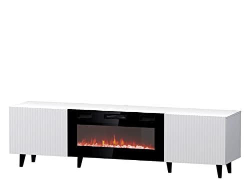 Mirjan24 TV Lowboard Fusbo 180 mit Elektrischem Kamin, Fernsehschrank, Fernsehtisch, Unterschrank, Realistische LED-Flamme, Kristallherd, Board, Schrank, TV-Bank (Weiß) von Mirjan24