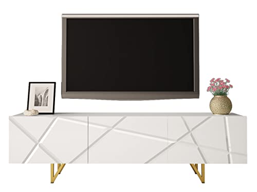 Mirjan24 TV Lowboard Litarez 180 mit 3 Klappen/Türen, Griffloses Öffnungssystem, Gold Metallfüße, Fernsehtisch, Sideboard, Fernsehschrank, TV Tisch, TV Schrank, TV Bank (Weiß/Weiß Hochglanz) von Mirjan24