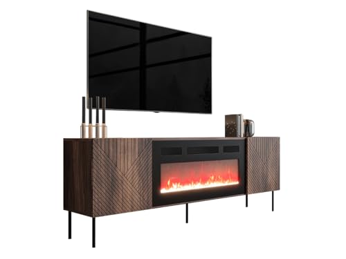 Mirjan24 TV Schrank Aropo 190 EF mit Elektrischem Kamin, Praktischer Fernsehschrank, TV Lowboard mit Grifflose Öffnen, Realistische LED-Flamme, Deko-Kristallen TV-Bank, Sideboard (Nuss Warmia) von Mirjan24