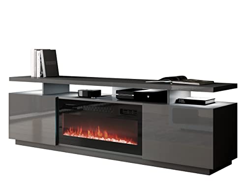 Mirjan24 TV Schrank Lostino mit Elektrischem Kamin Realistische LED-Flamme Kristallherd Elektrischer Kamin mit Heizung TV Lowboard (mit LED Beleuchtung Graphit/Graphit Hochglanz) von Mirjan24
