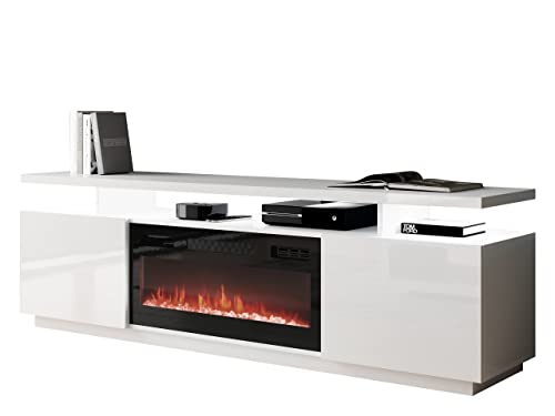 Mirjan24 TV Schrank Lostino mit Elektrischem Kamin Realistische LED-Flamme Kristallherd Elektrischer Kamin mit Heizung TV Lowboard (mit LED Beleuchtung weiß/weiß Hochglanz) von Mirjan24