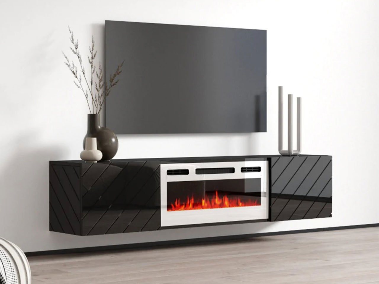 MIRJAN24 TV-Schrank Luxe (mit zwei Drehtüren, Elektrische Kamin) Realistische LED-Flamme, Gehärtetes Glas, 183x35x38 cm von MIRJAN24