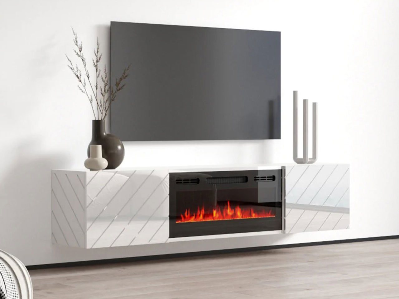 MIRJAN24 TV-Schrank Luxe (mit zwei Drehtüren, Elektrische Kamin) Realistische LED-Flamme, Gehärtetes Glas, 183x35x38 cm von MIRJAN24