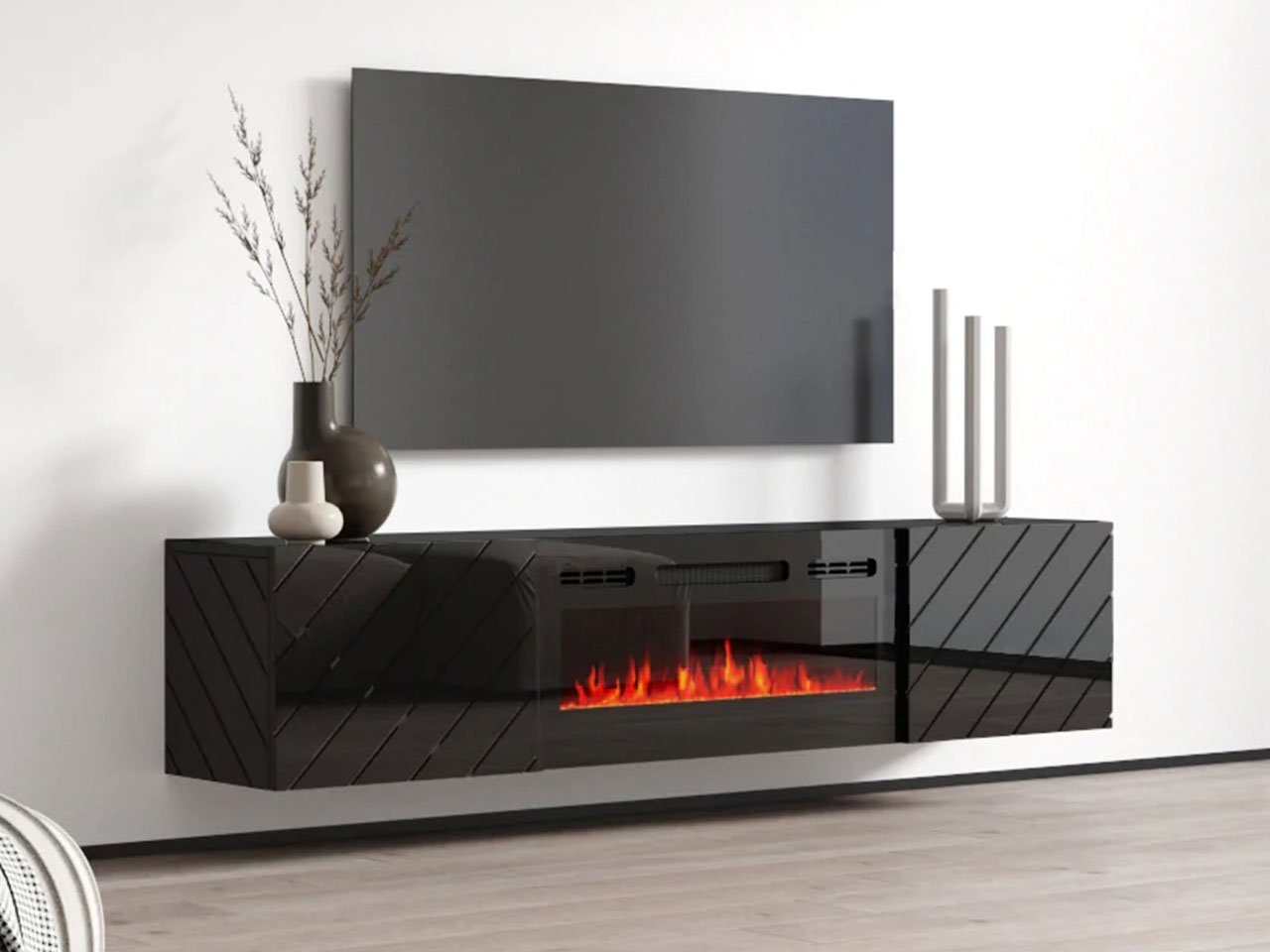 MIRJAN24 TV-Schrank Luxe (mit zwei Drehtüren, Elektrische Kamin) Realistische LED-Flamme, Gehärtetes Glas, 183x35x38 cm von MIRJAN24