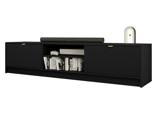 Mirjan24 TV Schrank Tireno 2K, Fernsehschrank, B:180 x H:40 x T:40 cm, TV Lowboard mit geriffelte Fronten, Fernsehtisch, TV Tisch, Unterschrank, TV Board, Schrank, TV Bank (Schwarz) von Mirjan24