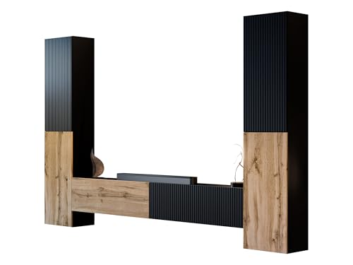 Mirjan24 Wohnwand Cholon II, Modernes Wohnzimmer Set, Anbauwand, Hängeschrank, Vitrine, TV Lowboard (Schwarz + Wotan Eiche) von Mirjan24
