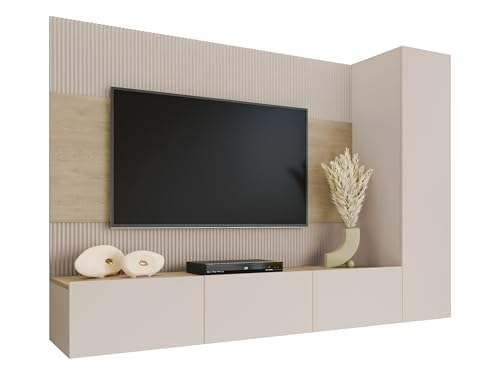Mirjan24 Wohnwand Deromi VI, Anbauwand mit Wandpaneele und TV-Lowboard, Akustikplatten, Fernsehschrank, Schrankwand, Mediawand, Hängeschrank (Sandbeige + Eiche Cremona) von Mirjan24