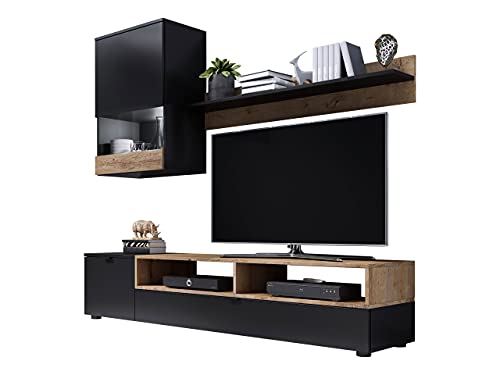 Wohnwand Pat, Wohnmöbel, Wohnzimmer-Set, Elegante, Wohnzimmer Kollektion, Stilvolles TV-Lowboard, Vitrine, Wandregal (Schwarz/Lefkas Eiche, mit weißer LED Beleuchtung) von Mirjan24