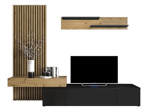 Mirjan24 Wohnwand Rakle Plus, Wohnmöbel, Elegante Wohnzimmer-Set mit dekorative Lamellen, Griffloses Öffnungssystem, Wohnzimmer Kollektion, Stilvolles TV-Lowboard (Schwarz/Artisan Eiche) von Mirjan24