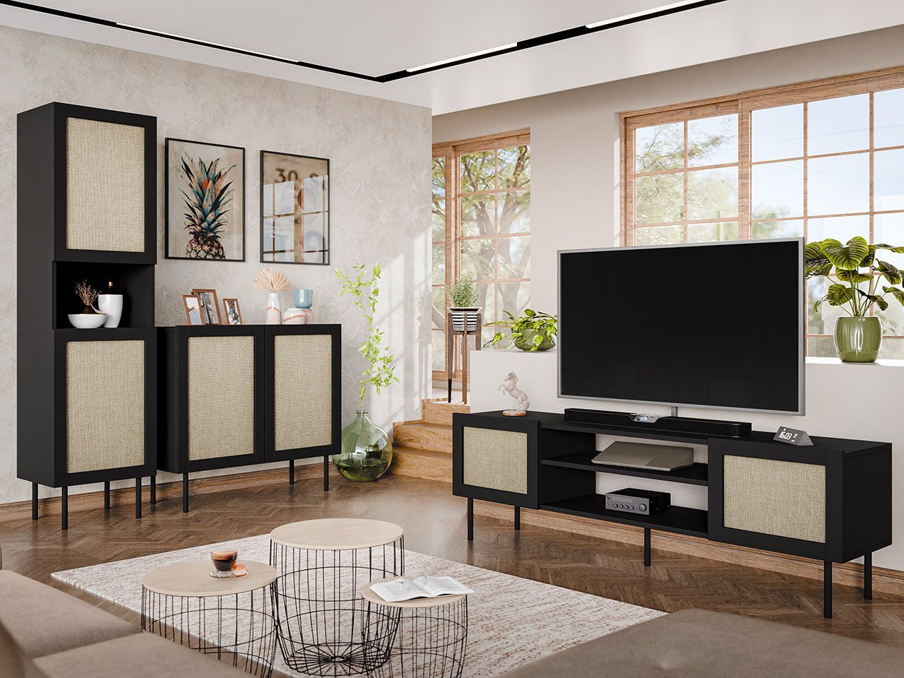 MIRJAN24 Wohnzimmer-Set Juta, (3er-Set, Kommode, TV-Lowboard, Vitrine), Schwarze Metallfüße von MIRJAN24