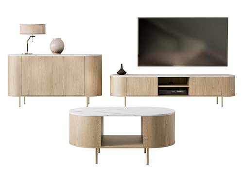 Mirjan24 Wohnzimmer-Set Lygrint I, im Set: Kommode, TV-Lowboard, Couchtisch, Griffloses Öffnungssystem Push to Open (Eiche Cremona/Marmor Weiß + Gold) von Mirjan24