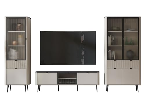 Mirjan24 Wohnzimmer-Set Rotevio II, Wohnzimmerschrank, Schrankwand im Set: 2X Vitrine, TV-Lowboard (Cashmere + Steingrau) von Mirjan24