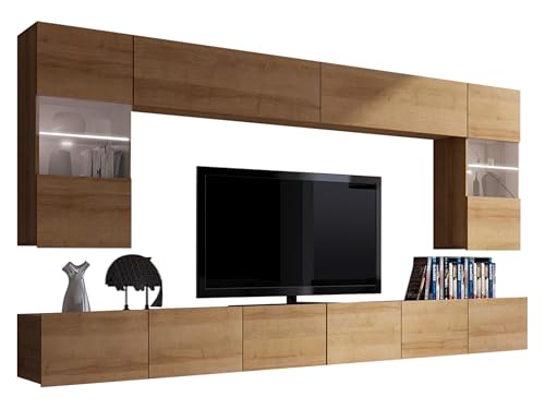 Moderne Wohnwand Calabrini I, Anbauwand, Mediawand, Hängevitrine, TV Lowboard, Wandregal, Wohnzimmerschrank, Fernsehschrank (mit weißer LED Beleuchtung, Eiche Gold) von Mirjan24