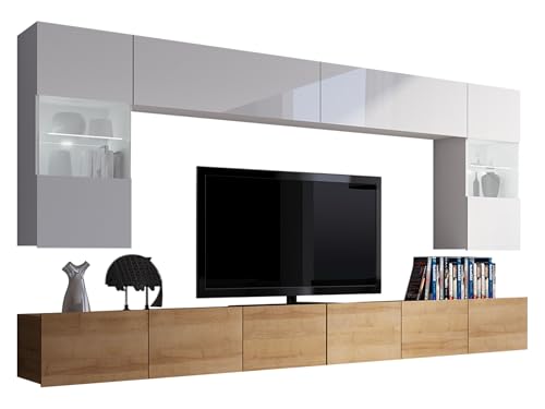 Moderne Wohnwand Calabrini I, Anbauwand, Mediawand, Hängevitrine, TV Lowboard, Wandregal, Wohnzimmerschrank, Fernsehschrank (mit weißer LED Beleuchtung, Eiche Gold/Weiß + Weiß Hochglanz) von Mirjan24