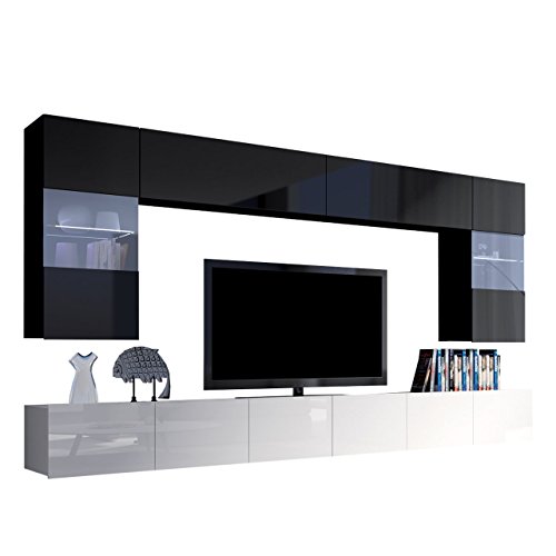 Moderne Wohnwand Calabrini I, Anbauwand Mediawand Hängevitrine TV Lowboard Wandregal Wohnzimmerschrank Fernsehschrank (mit weißer LED Beleuchtung, Schwarz + Schwarz Hochglanz/Weiß + Weiß Hochglanz) von Mirjan24