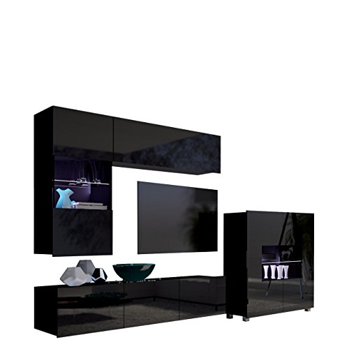 Moderne Wohnwand Calabrini III, Anbauwand, Mediawand, Kommode Hängevitrine, TV Lowboard, Wandregal, Wohnzimmerschrank, Fernsehschrank (mit weißer LED Beleuchtung, Schwarz/Schwarz Hochglanz) von Mirjan24