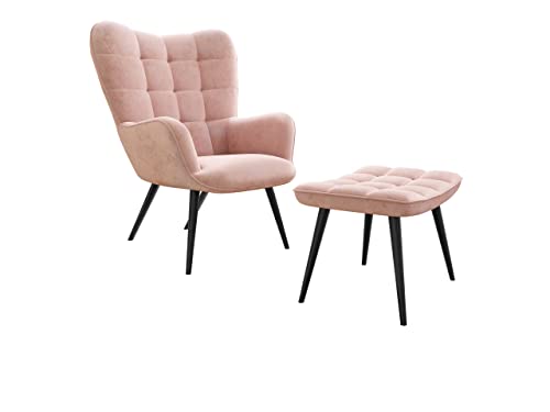 Ohrensessel mit Hocker Gunar 0022, Stilvoll Lesesessel, Relaxsessel mit Hocker im Modernen Look, Lehnstühle, Polstersessel, Fernsehsessel (Rosa (HCD-53)) von Mirjan24