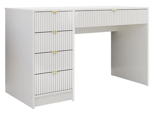 Mirjan24 Schreibtisch Tireno, 5 Universale Schubladen geriffelte Fronten Schülerschreibtisch Computertisch Kinderschreibtisch Arbeitstisch PC-Tisch Jugendzimmer Kinderzimmer (Weiß Velvet) von Mirjan24