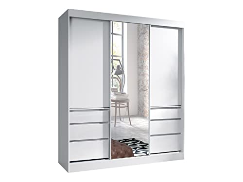 Schwebetürenschrank Megajra mit 6 Schubladen und Spiegel, Kleiderschrank, Schiebetürenschrank mit 2 Kleidestangen, Garderobe, Schlafzimmer (Breite: 180 cm, White) von Mirjan24