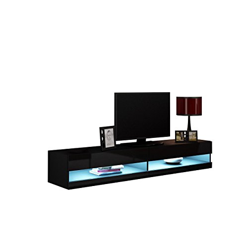 Mirjan24 TV Lowboard Vigo New 180 cm, TV Tische, TV Schrank, Fernsehschrank, Hängeschrank, Hochglanz (mit Blauer LED Beleuchtung, Schwarz/Schwarz Hochglanz) von Mirjan24