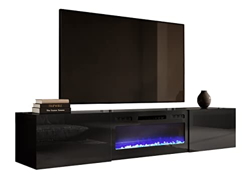 Mirjan24 TV Schrank mit Elektrischem Kamin Slide 200 Fernsehschrank TV Lowboard Griffloses Öffnen Hängeschrank Elektrischer Kamin mit Heizung Realistische LED-Flamme (schwarz/schwarz Hochglanz) von Mirjan24