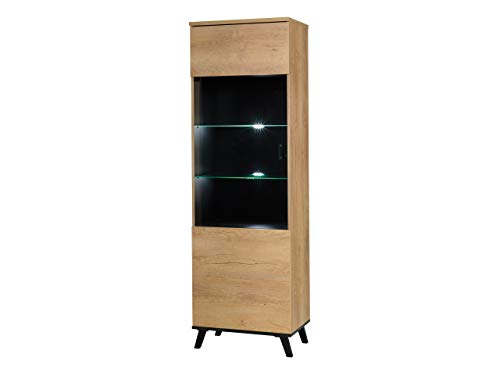 Vitrine John JN02, Praktischer Standvitrine, Vitrinenschrank, Stauraumvitrine, Wohnzimmer, Glasvitrine, Hochschrank, Standvitrine (Seite: Links, Eiche Lefkas / Schwarz, mit weißer LED-Beleuchtung) von Mirjan24