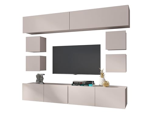 Wohnwand Calabrini XVI, Anbauwand, Mediawand, TV Lowboard, Wandregal, Hängeschrank, Fernsehschrank, Wohnzimmerschrank (Cashmere) von Mirjan24