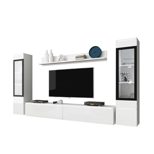 Mirjan24 Wohnwand Doppo II, Schrankwand, griffloses Öffnen, Anbauwand, Fernsehschrank, Mediawand, Wandregal, TV-Lowboard, 2X Hängevitrine (Weiß/Weiß Hochglanz, mit weißer LED Beleuchtung) von Mirjan24