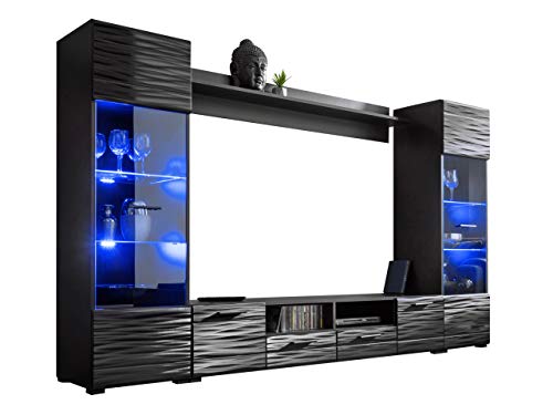 Wohnwand Modica mit Dekorative Beleuchtung LED RGB mit Fernbedienung, Anbauwand, Wohnzimmerschrank, Vitrine, TV-Lowboard, Wandregal (Schwarz/Sahara Hochglanz)… von Mirjan24