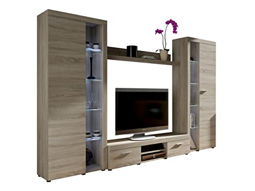 Wohnwand Rango XL, Modernes Wohnzimmer Set, Design Anbauwand, Schrankwand, Mediawand, Vitrine, TV Lowboard, (Sonoma Eiche, mit weißer LED Beleuchtung) von Mirjan24