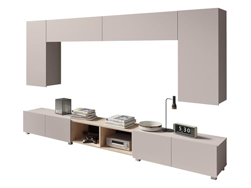 Wohnzimmer-Set Calabrini XXIII, Anbauwand Wohnwand Fernsehschrank Mediawand Hängeschrank, TV Schrank, Hängeschrank, Wandregal, Wohnzimmerschrank (Cashmere + Eiche Artisan) von Mirjan24