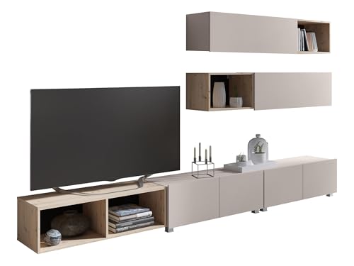 Wohnzimmer-Set Calabrini XXV, Wohnwand Anbauwand Fernsehschrank Mediawand Hängeschrank, TV Schrank, 2X Wandregal, Wohnzimmerschrank (Cashmere + Eiche Artisan) von Mirjan24