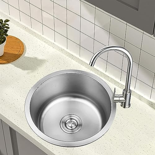 Runde Küchenspüle, Einzelbecken-Edelstahlspüle, Mit Abtropffläche Und Heiß- Und Kaltwasserhahn, Edelstahlspüle, Einzelbecken-Küchenspüle Mit Spülbecken-Abflussabdeckung, Silber-Küchenspüle 36*32*18 Cm von MiroDo