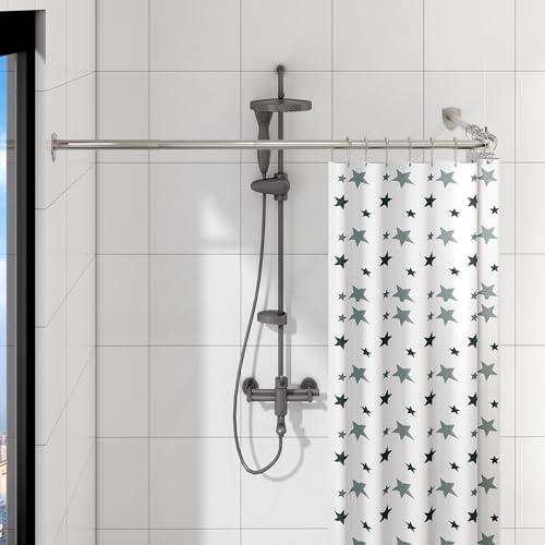 Duschvorhangstange L Form, Verstellbare Duschstange Ecke, Duschvorhang Halterung mit 12 ringen & Deckenstütze für Badewanne/Badezimmer, Bohr-Montage Erforderlich (Silber, 60-130cm x 60-130cm) von Mirooyu