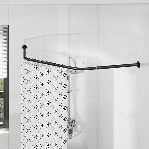 Eck-Duschvorhangstange, diamantförmige Duschstange, gebogene Duschvorhangstange für Badezimmer, 304 Edelstahl, mit 12 Ringhaken und Deckenstütze [Seiten: 55,9 cm - 88,4 cm, Mitte: 71,1 cm - 111 cm von Mirooyu