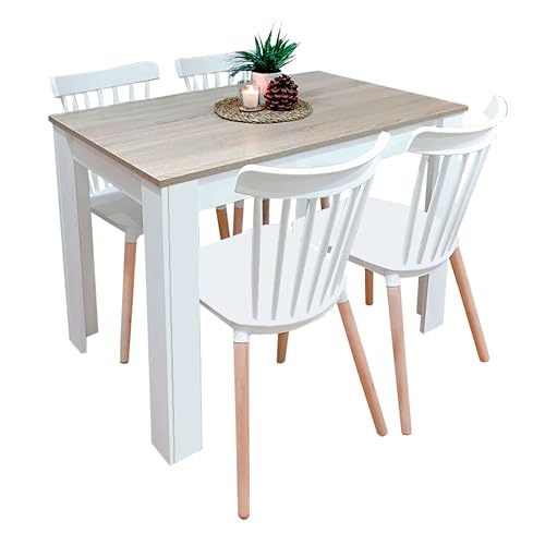 Miroytengo Alna Esstisch-Set in modernem Stil in Weiß und kanadischer Eiche, mit Tisch und 4 Stühlen von Miroytengo
