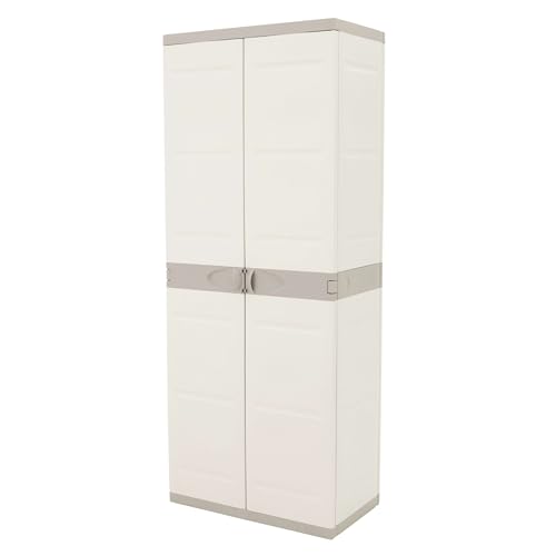 Miroytengo Gartenschrank mit Besen, Titan, Schrank aus Kunstharz, 2 Türen, 4 verstellbare Einlegeböden, Beige, 70 x 176 x 41 cm von Miroytengo