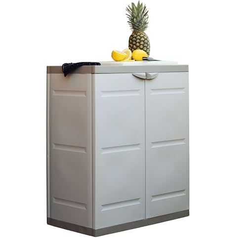 Miroytengo Schrank mit 2 Türen und 2 Einlegeböden, niedriger Außenschrank aus Kunstharz, Titan, Beige, 70 x 88 x 41 cm von Miroytengo