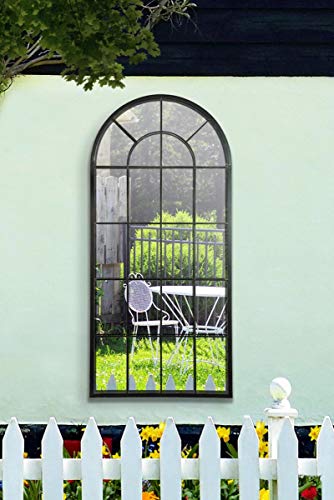 MirrorOutlet Großer Gartenspiegel, mehrgetäfelt, gewölbtes Fenster, 1,4 m x 70 cm, Schwarz, Metall, 140 x 65 cm von MirrorOutlet