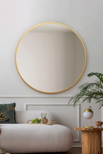 MirrorOutlet The Fenestra Wandspiegel mit goldfarbenem Rand, rund, 100 x 100 cm, silberfarbenes Spiegelglas mit schwarzem Metallrahmen von MirrorOutlet